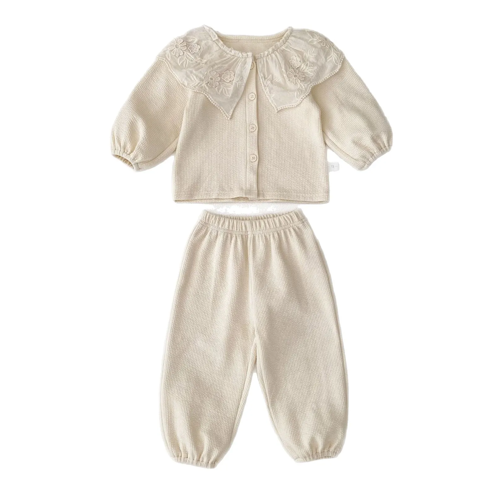 2025년 가을 봄 신상 여아 긴팔 수트 코튼 레이스 칼라 가디건 + 팬츠 투피스 세트