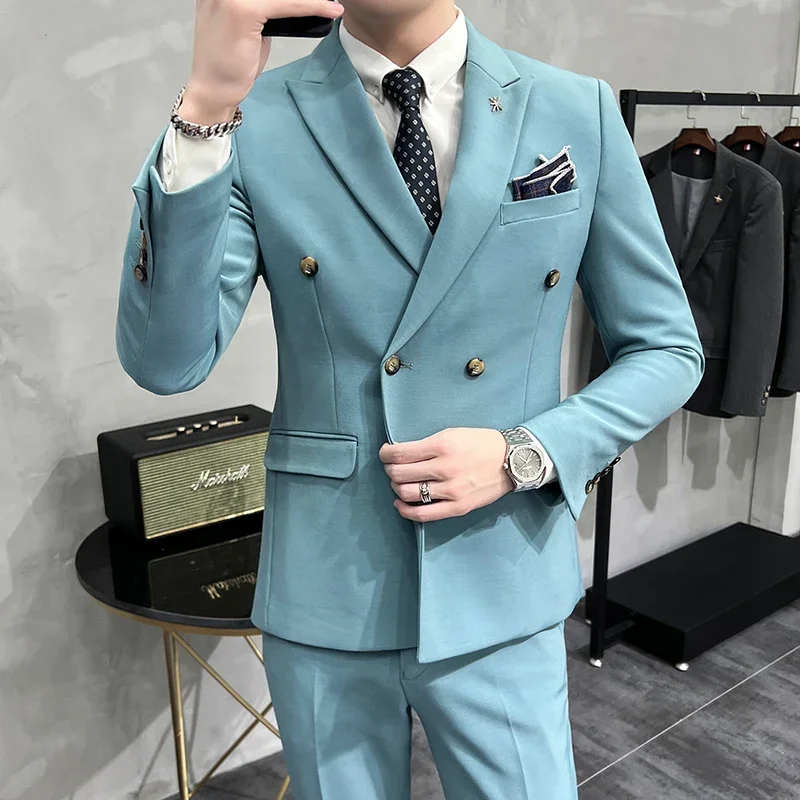 Brand Solid Color Formal Casual Business Office Double Buttons Suit Two-pcs Set Jacket Pants Groom Wedding Dress Party
