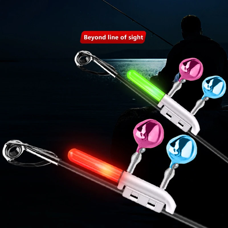 Alarme de touche double clochette avec lampe LED pour canne pêche nuit sans batterie