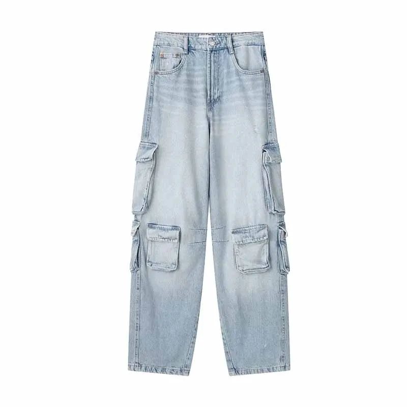 

ZATRHMBM Women 2023 Autumn Fashion Streetwear Mid-Waist Cargo Jeans Vintage Side Pockets Zip Fly Female Trousers Mujer