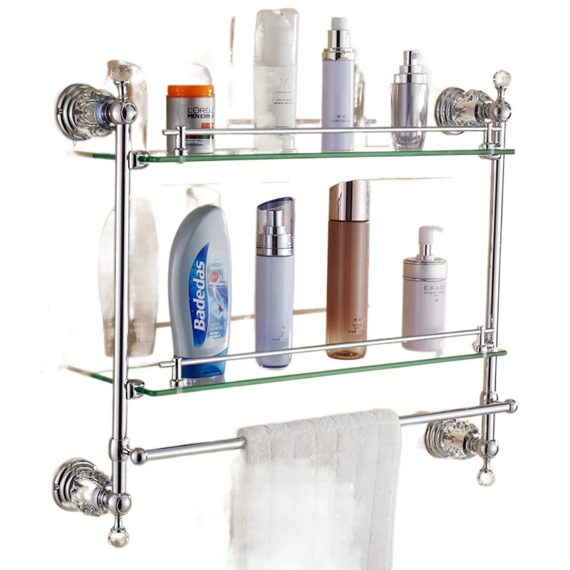 

European Silver Crystal Towel Holder Set Bathroom Double Glass Shelf Accessories