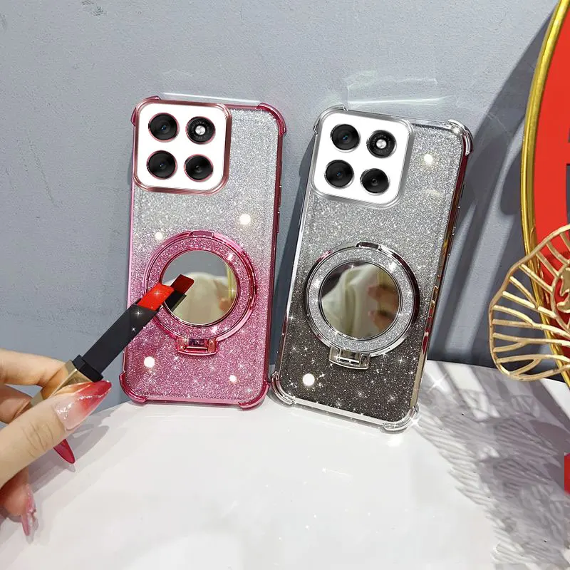 Glitter Shockproof Phone Case with Mirror Stand & Beaded Strap