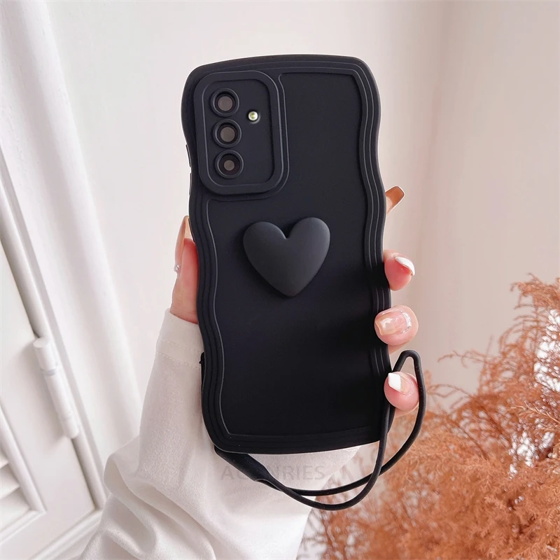 Love Heart Wavy Silicone Phone Case with Lanyard Wrist Strap Cover