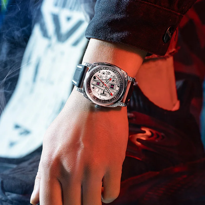 DOM Men's quartz watch mechanical texture fashion digital luxury waterproof two-way engraving craft Silicone watch band watch