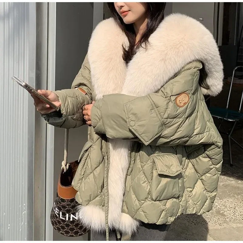 

2024 Winter Women Fluffy Loose Puffer Jacket Feather Female Parka Snow Outwear Windproof Oversized Bat Sleeve Coat