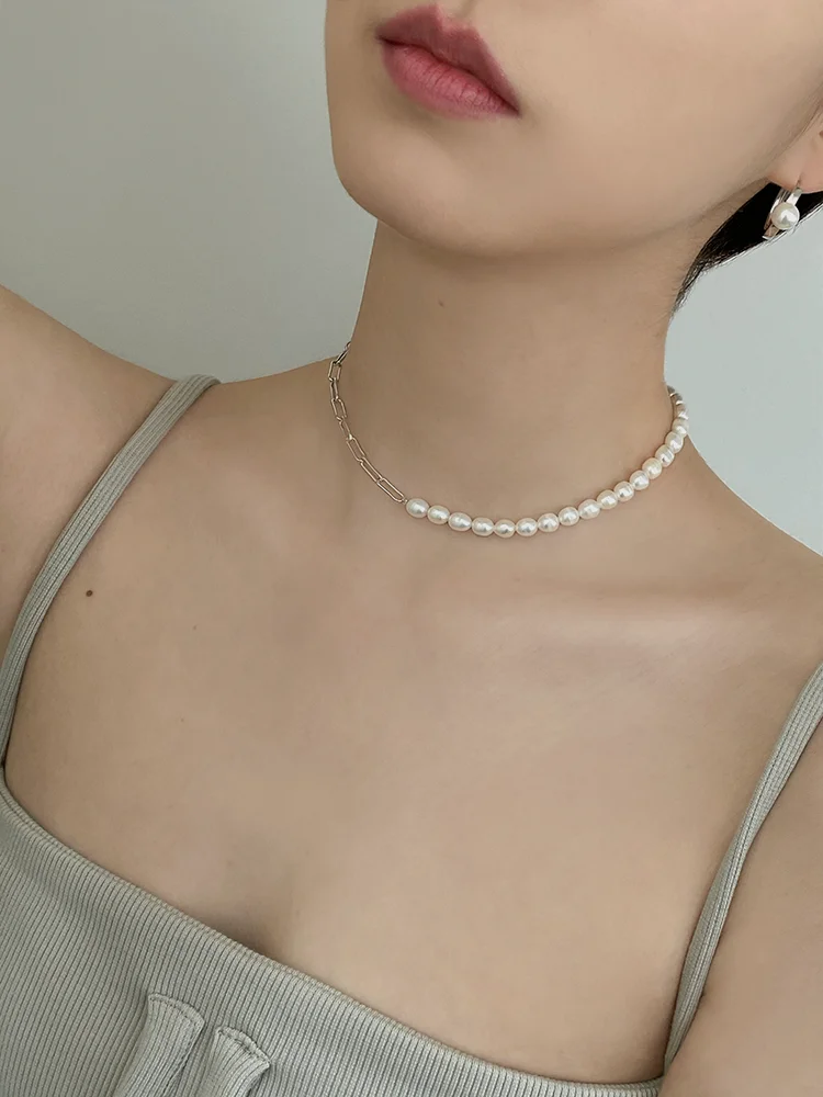 

Titanium With 18K Gold Real Natural Baroque Pearl Necklace Wowen Jewelry Party Designer T Show Runway Gown Japan Korean Fashion