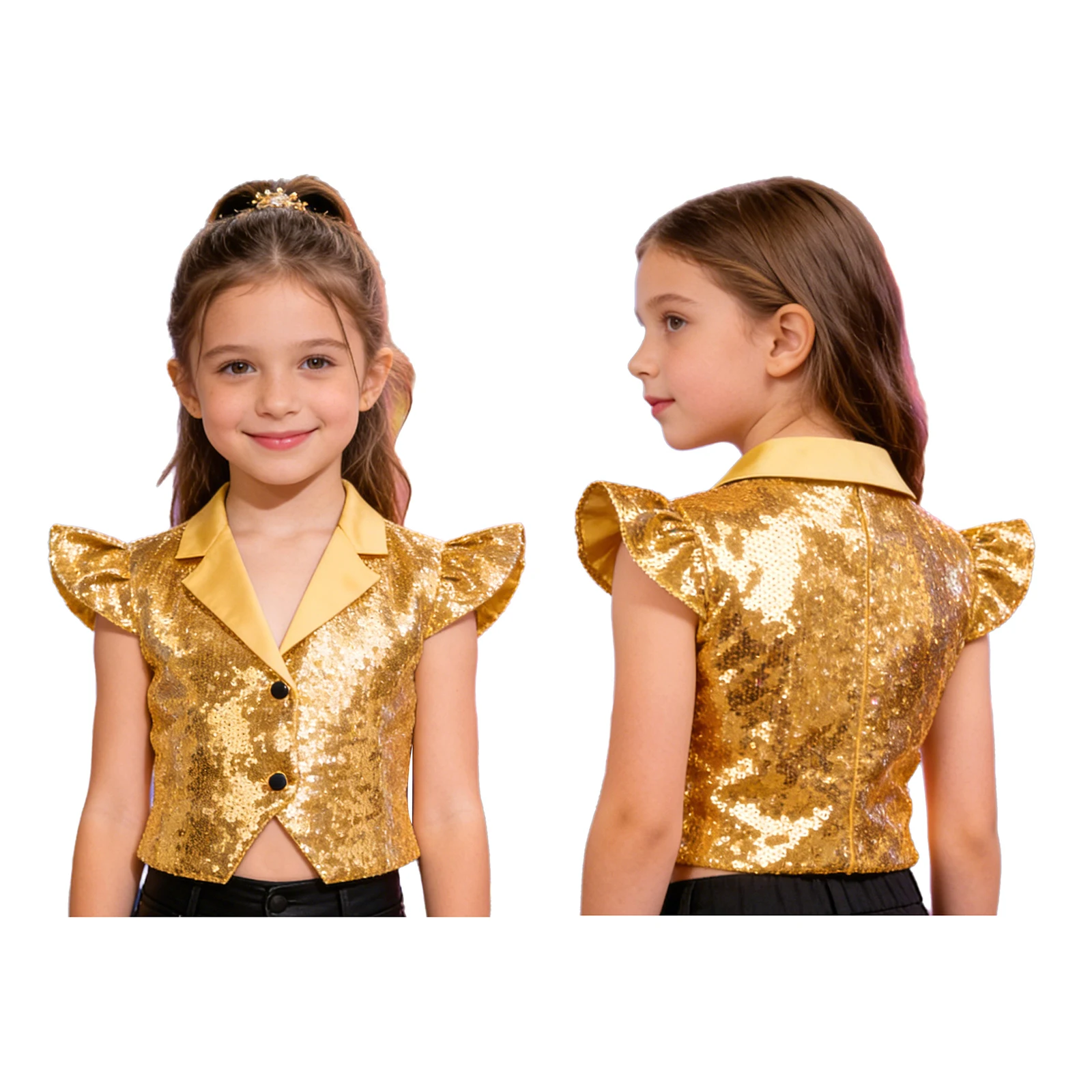 키즈 여아 플라이 슬리브 라펠 패션 반짝이 스팽글 파티 조끼 크롭탑 라틴 재즈 댄스 스쿨 합창단 무대 공연 조끼