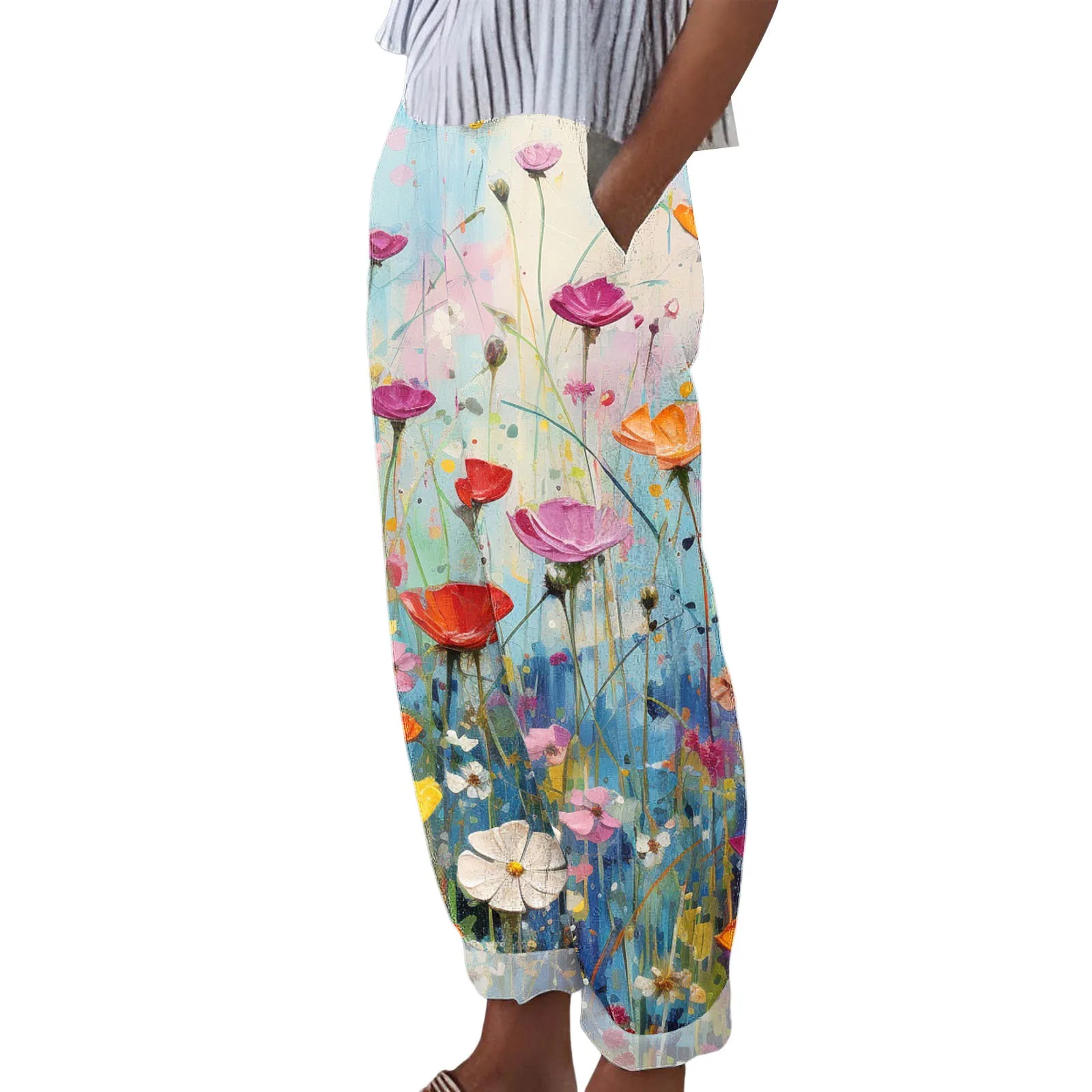 

Брюки женские в стиле оверсайз с цветочным принтом, стильные Молодежные штаны с карманами, уличная одежда, Y2K, весна-лето