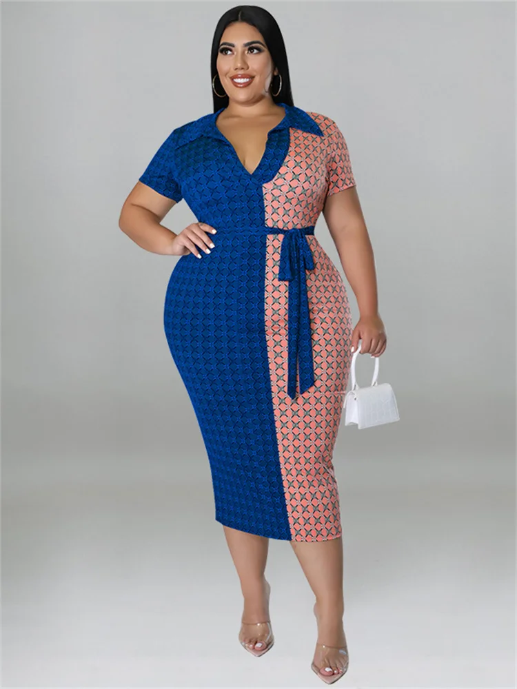 Wmstar Plus Size Women Clothing Dresses with Lace Up Patchwork Bodycon Stretch Elegant Plaid Maxi Dress Wholesale Dropshipping
