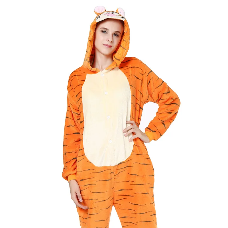 Tigger Animal Image Costume Kigurumis Jumpsuit Pajamas Unisex Hooded One-piece Nightgown Warm Flannel Homewear Suit for Adults