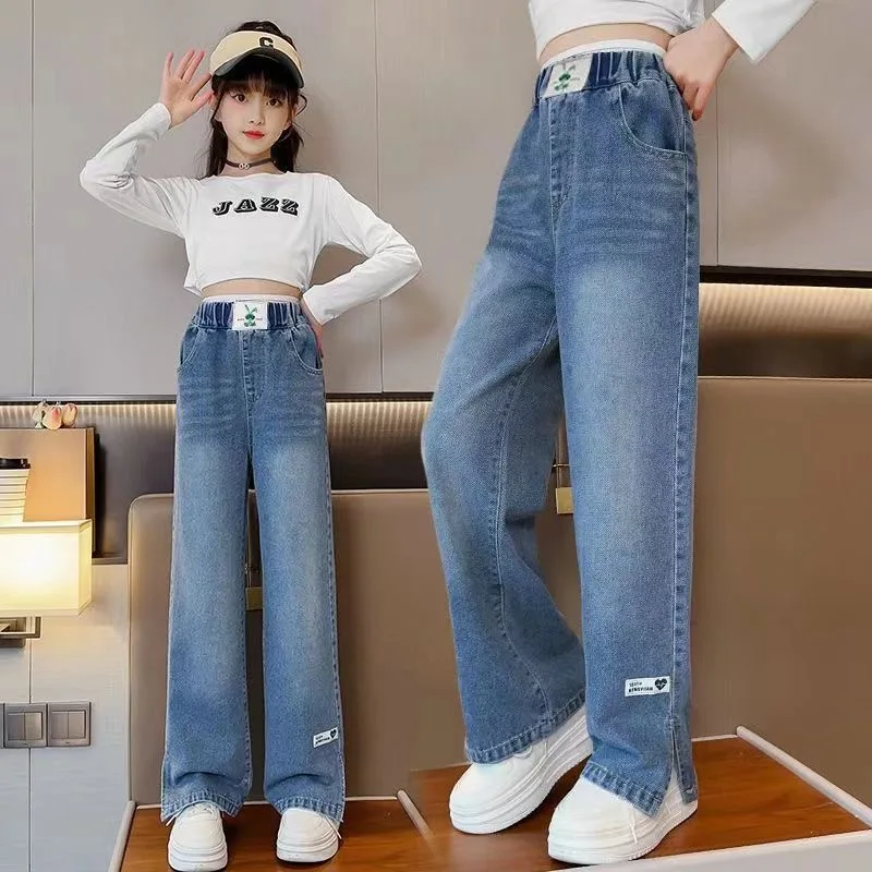110-160cm Spring Kids Denim Loose Jeans Pants For Girls Crimped Wide Leg  Children Casual Teen High Waist Solid Color Trousers - AliExpress