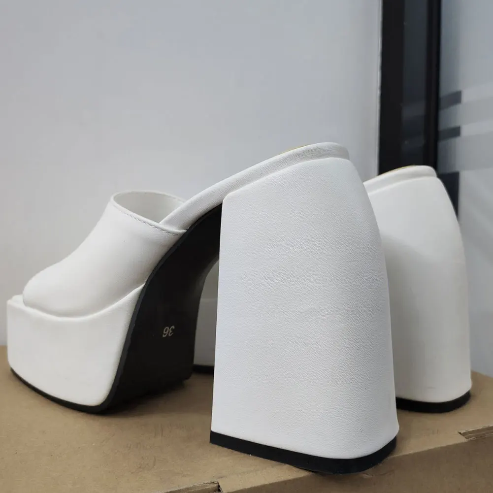 GIGIFOX Brand New Big Size 43 Summer White Chunky Heeled Mules High Heels Sexy Party Platform Heel Sandals Shoes For Women 2022