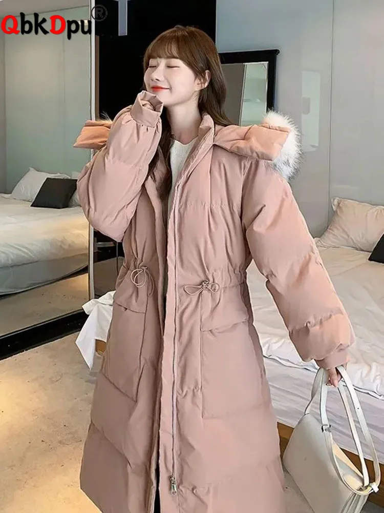 

Winter Warm Fur Collar Hooded Long Parkas Fashion Drawstring Design Women New Loose Jackets Cotton Padded Thicken Fluffy Coat