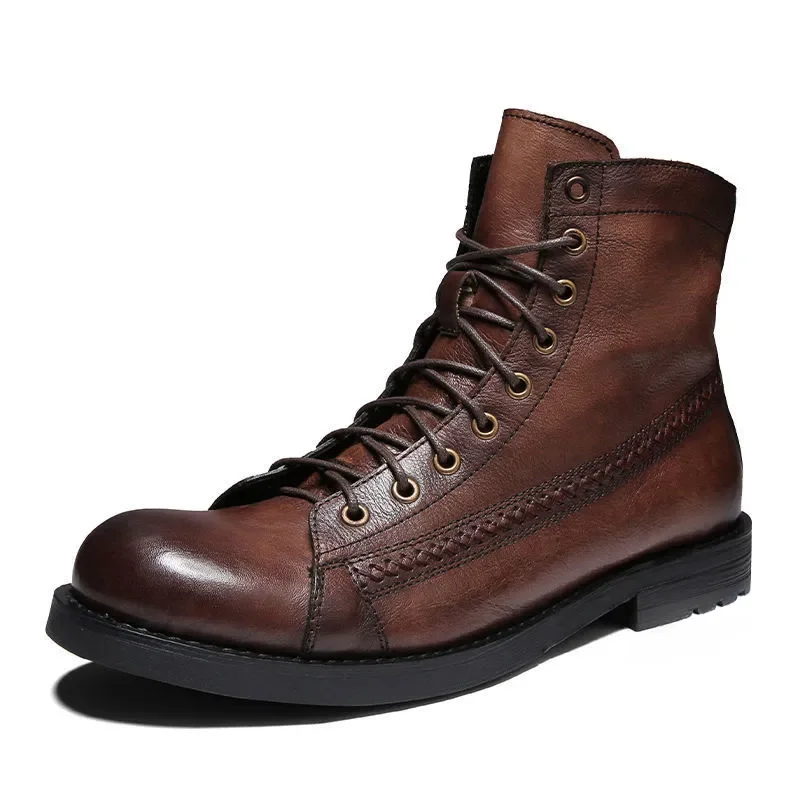 

Retro Men Boots Handmade Toe Polish Men Ankle Boots Casual Leather High-top Shoes Platform Motorcycle Booties New Bota Masculina