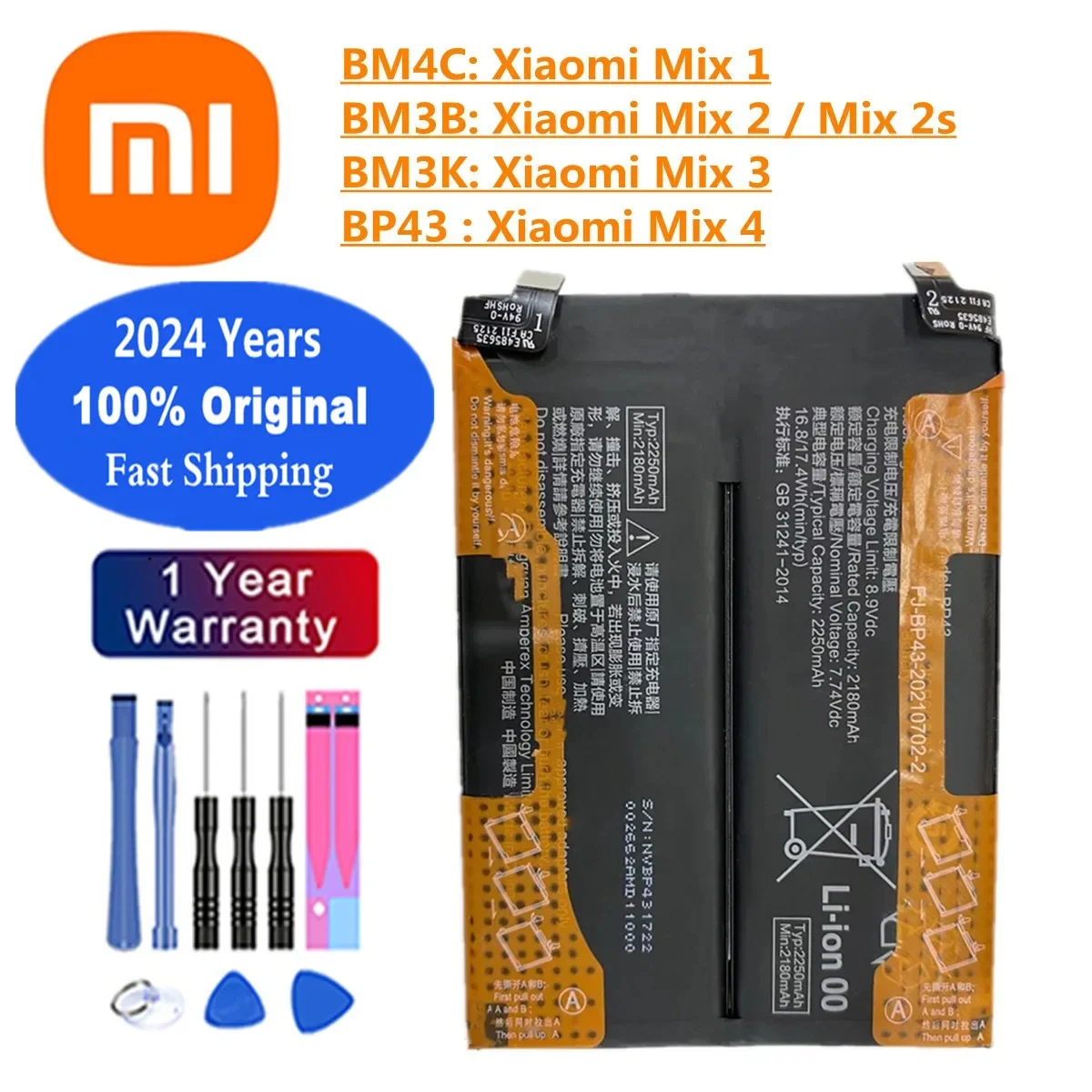 

2024 Years BM4C BP43 Orginal Battery BM3K BM3B For Xiaomi Mi Mix 2 2S 3 4 1 Mix4 Mix3 Mix2 Mix2S Phone Battery Bateria Fast Ship
