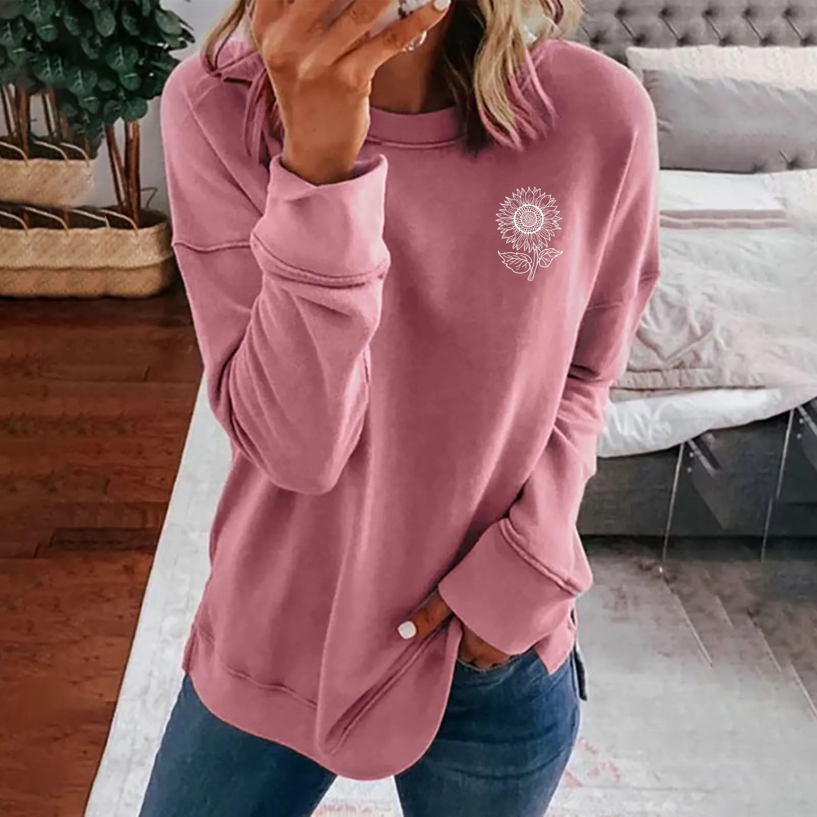 

Sunflower Printing Hoodie For Women Long Sleeved Round Collar Sweatshirt Loose Fit Pullover Daily Shirt Patchwork Casual Outfits