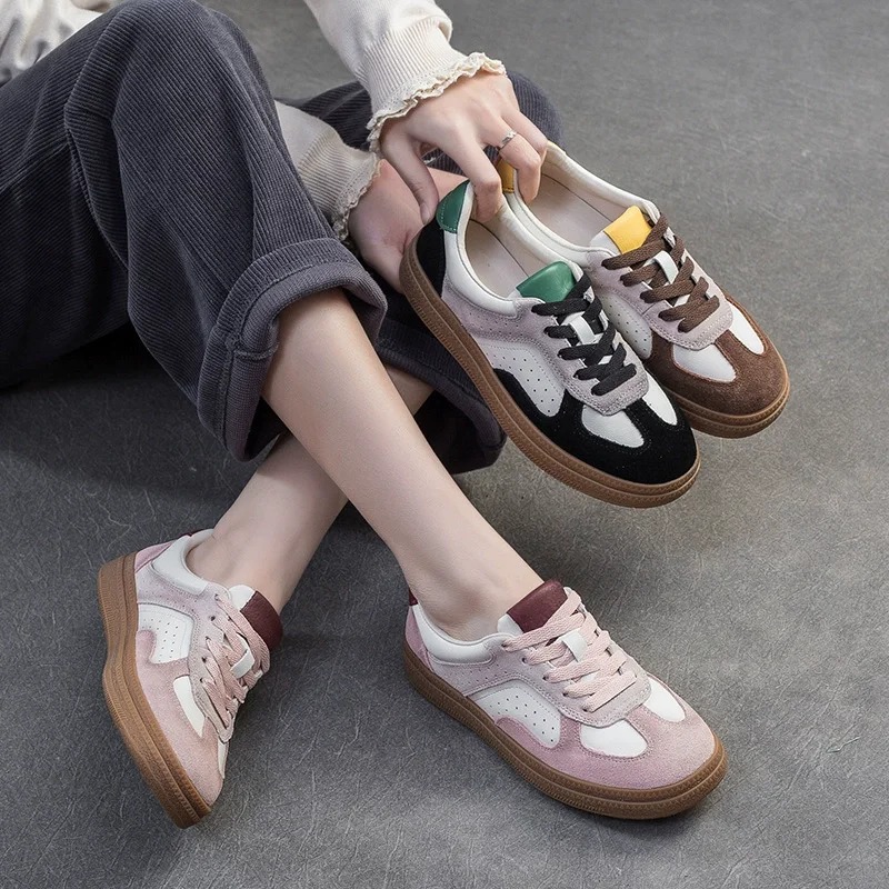 GKTINOO Spring Autumn Suede Sneakers Women Genuine Leather Patchwork Flats Lace-up Round Toe Ladies Training Shoes Handmade 3