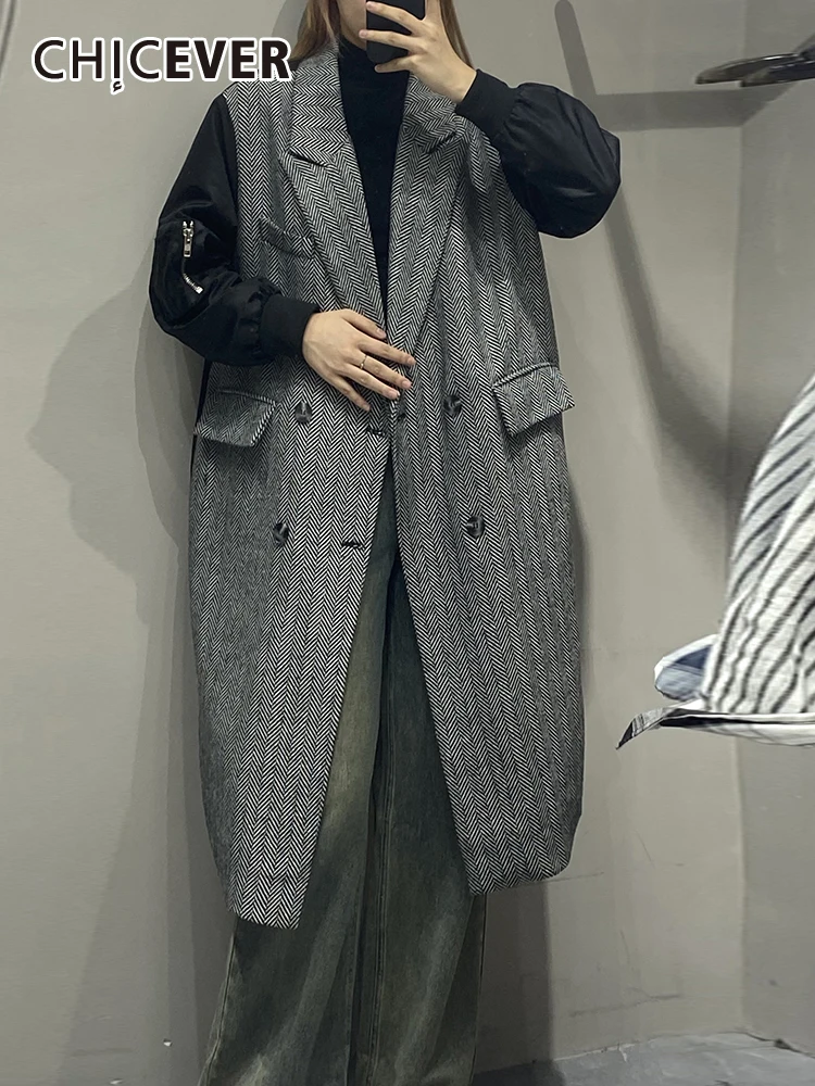 

CHICEVER Casual Loose Trenches For Women Lapel Long Sleeve Double Breasted Spliced Pockets Trench Female Autumn Fashion Clothing