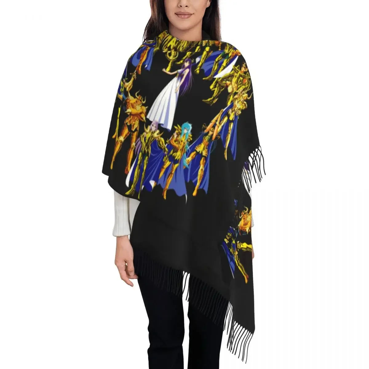 

Lady Large Gold Saints And Athena Scarves Women Winter Fall Soft Warm Tassel Shawl Wraps Saint Seiya Knights of the Zodiac Scarf