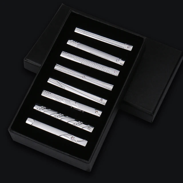 8pcs Tie Clips Metal Diamond With Box For Men Wedding Mens Necktie Clips Set Chrome Stainless Steel Jewelry Gentleman Ties Pin 2