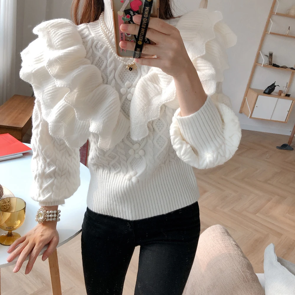 

Chic Turtleneck Ruffled Knitted Women 2022 Autumn Winter Sweaters Female Loose Casual Pullovers Jersey Jumpers Tops F512a