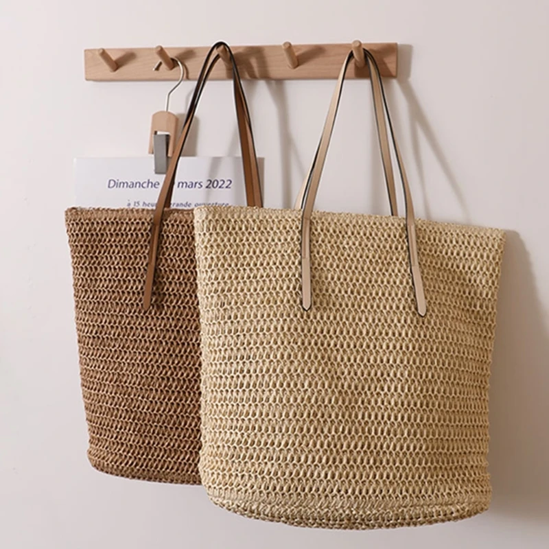 

Casual Woven Shoulder Bag Travel Summer Beach Handbag For Women Girl Large Capacity Straw Weave Leisure Bucket Bag