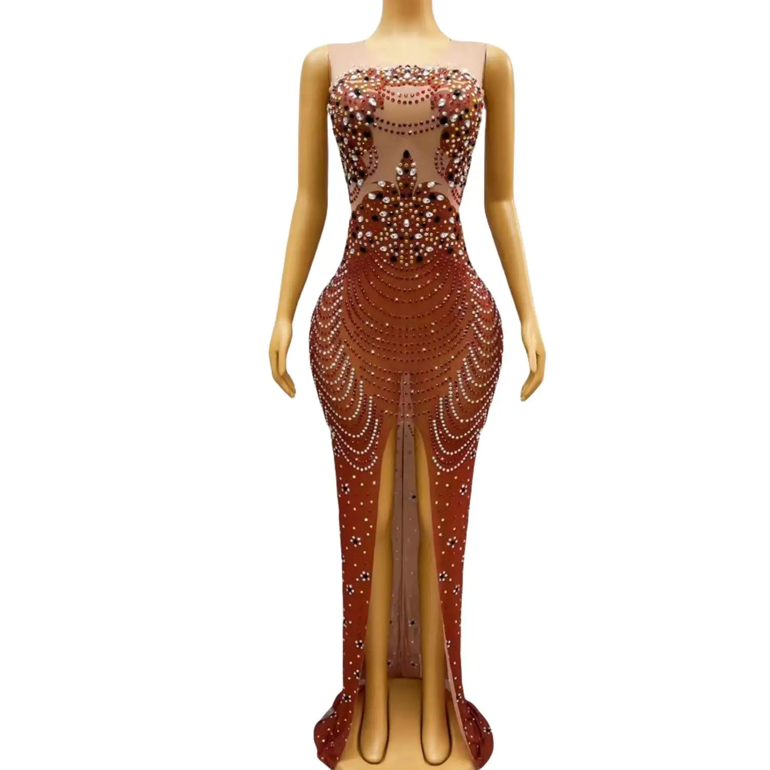 

Sexy Long Dress Elegant Women's Shining Rhinestone Dress Party Club Women Luxury Crystal Split Dress Banquet Evening Dress