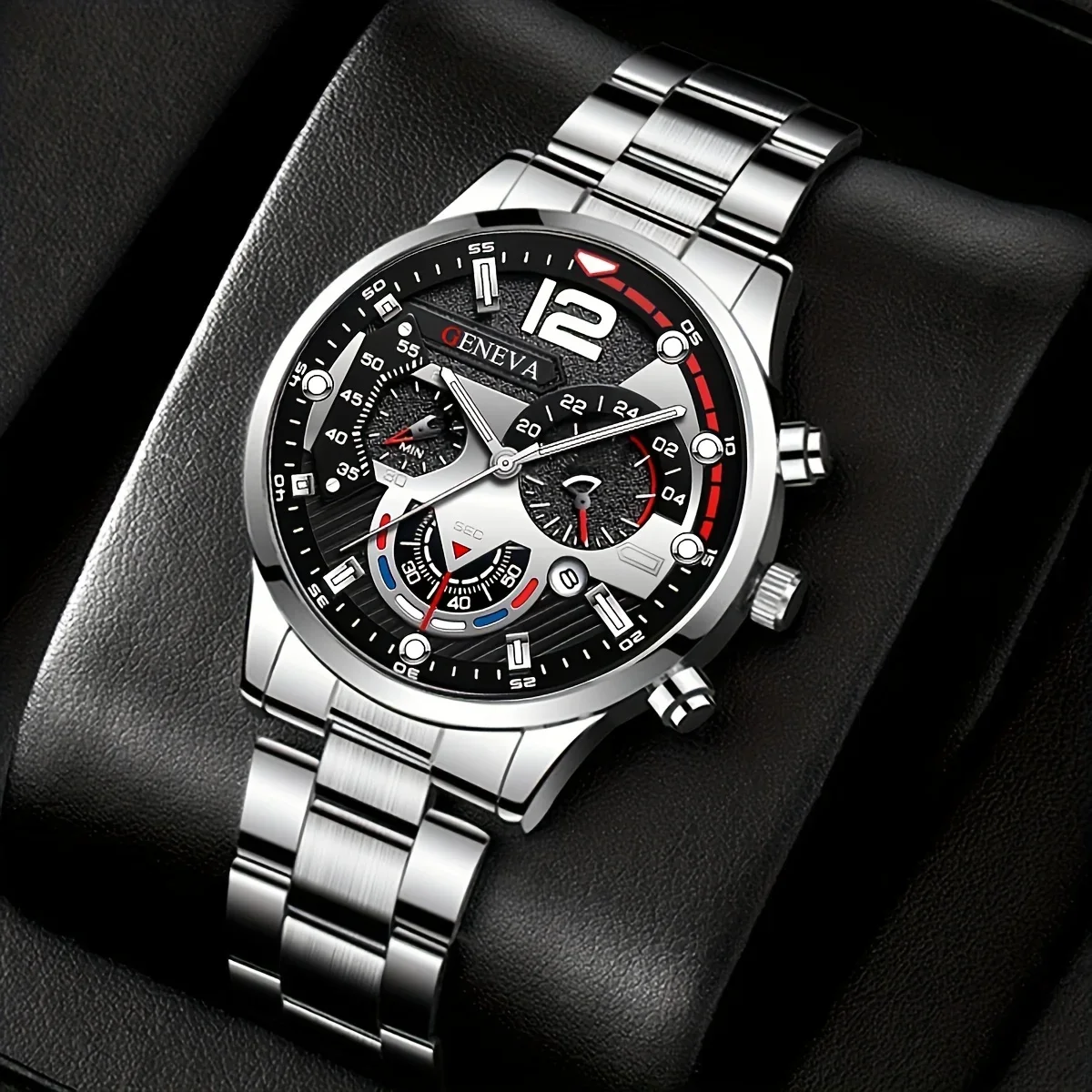 2pcs fashionable quartz watch sets, business style with date display, analog dial, zinc alloy case, stainless steel strap,