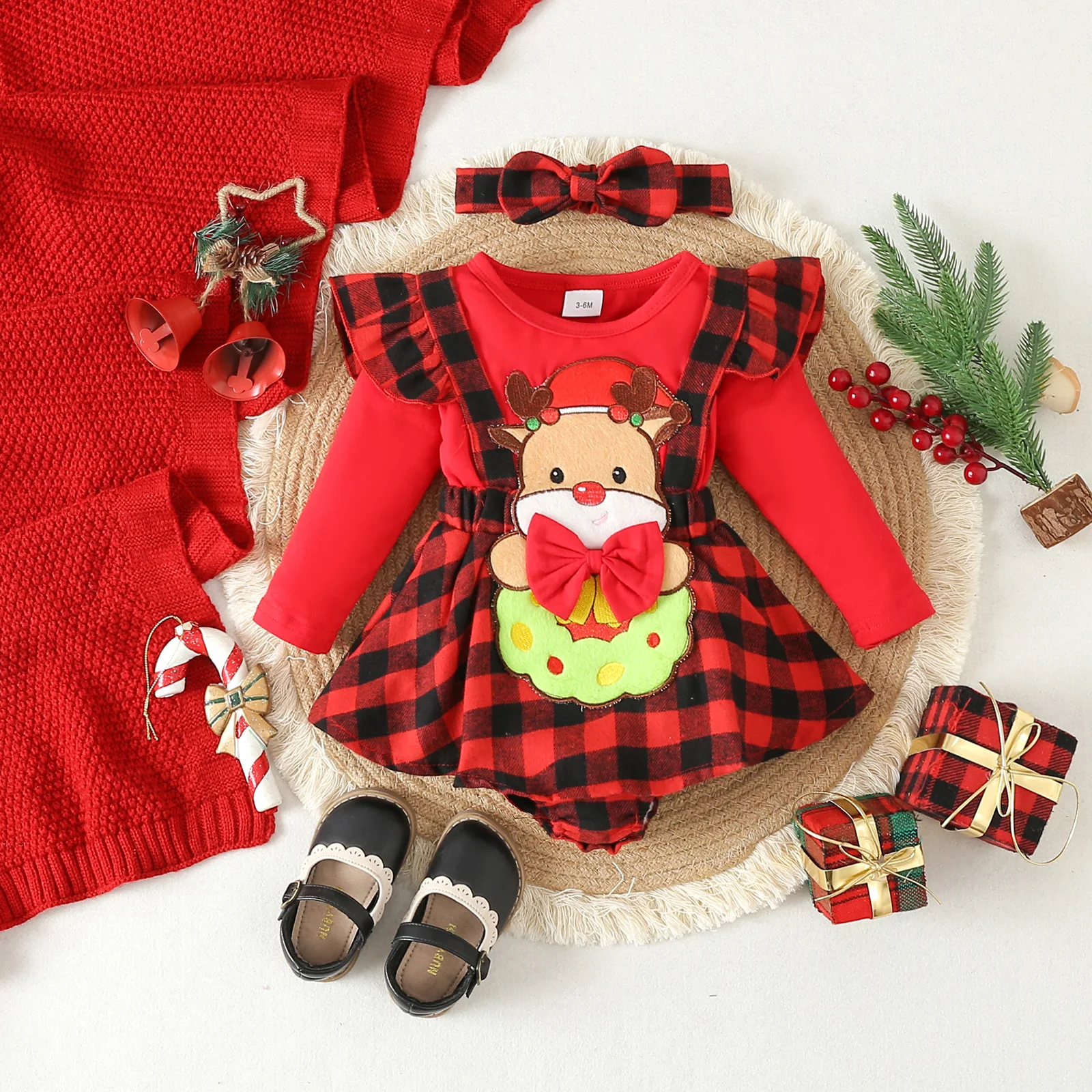 

0-18M Newborn Baby Girls Christmas Clothes Plaid Print Xmas Deer Romper Dress Cute Headband 2pcs Sets Fall Infant Outfit