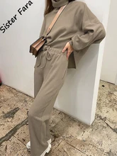 

Sister Fara Autumn Winter Knit Turtleneck Sweatshirt Set Women 2 Pieces+High Waist Wide Leg Pants Female Casual Two Piece Set