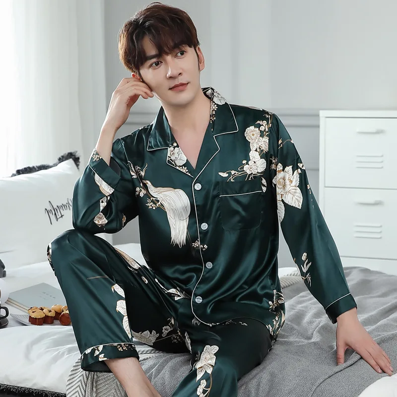 Spring Autumn Men's Simulation Silk Pajamas Long Sleeve Pants Oversized Loose Casual Home Clothing Set Printed Sleepwear