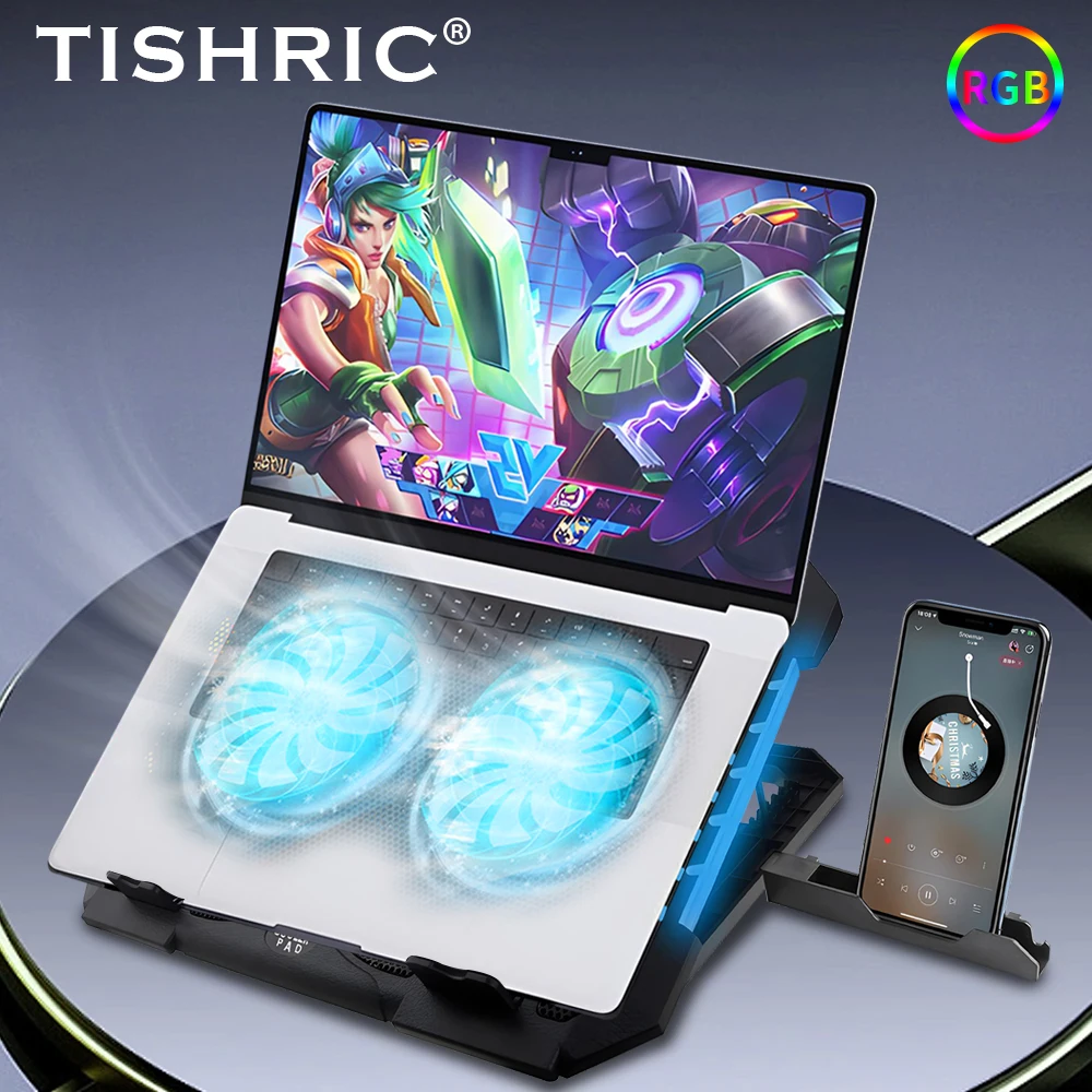 TISHRIC 노트북 스탠드 냉각, 2 팬 베이스 쿨러 노트북 지지대, 10RGB 호흡 LED, 풍속 조절 가능 노트북 브래킷 거치대