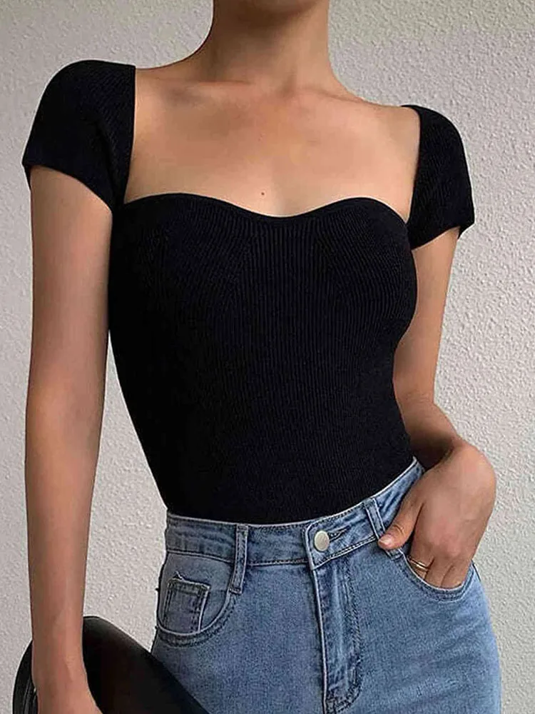 Summer Women's T-shirt Korean Style Slim Knitting Tee Tops Solid Color Short Sleeve Sexy T-shirt Female
