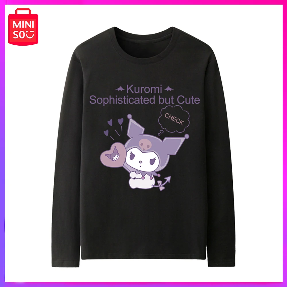 

2023 Miniso Sanrio Kuromi New Autumn Two Yuan Cartoon Print Loose Long Sleeve T-Shirt White Birthday Christmas Girl Boy Gifts