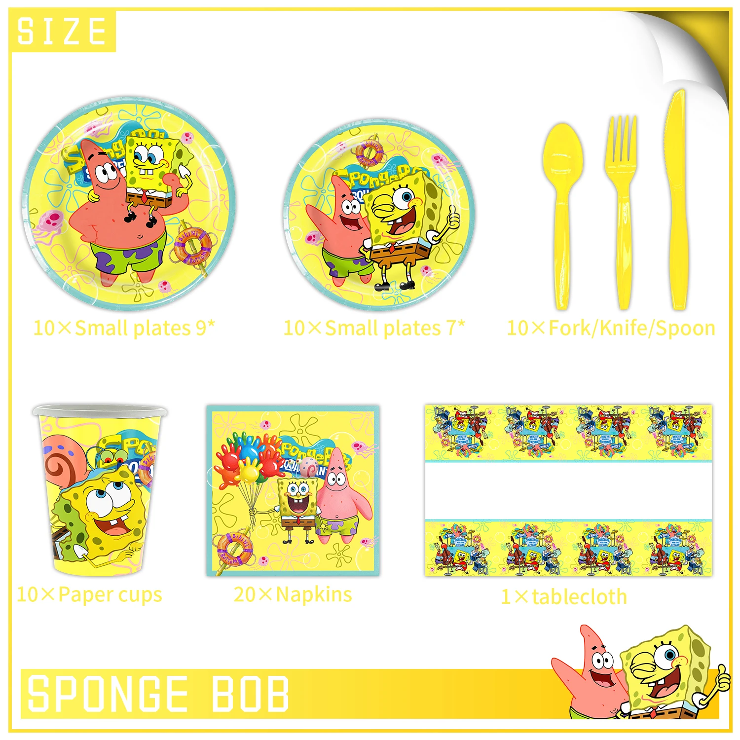 Yellow Sponge-Bob party decorations disposable tableware paper plate cup tablecloths for kid birthday party baby shower supplies birthday tableware set birthday party supplies party supplies disposable tablecloth
