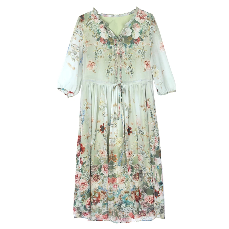 2025 Spring Formal Occasion Floral Silk Luxury Midi Dress Women Vintage Boho Beach Hepburn Prom Summer Elegant Casual Vestidos 5
