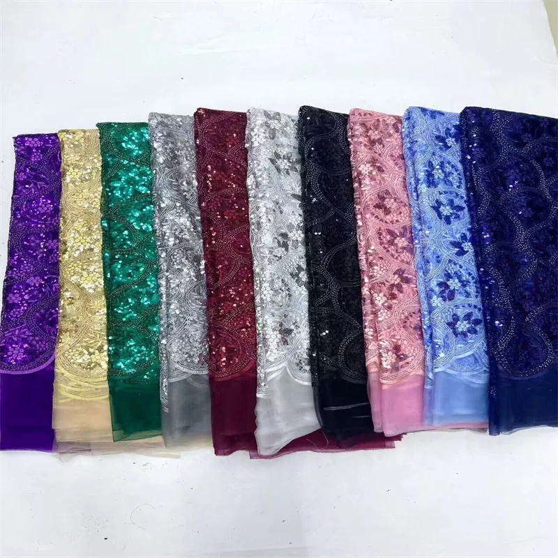

Fabric High Quality African Lace Fabric 2024 Green French Net Sequins Fabric Sewing Embroider Lace Tulle Nigeria Dress 5Yard