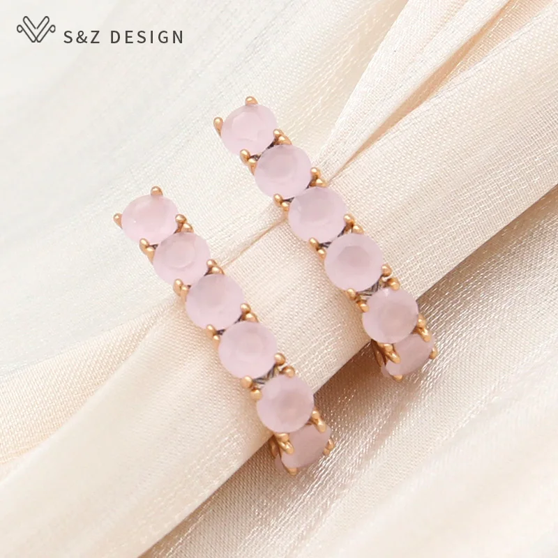 S&Z DESIGN New Fashion Green Round Crystal Dangle Earrings For Women Wedding Jewelry Rose Gold Color Cubic Zirconia Eardrop