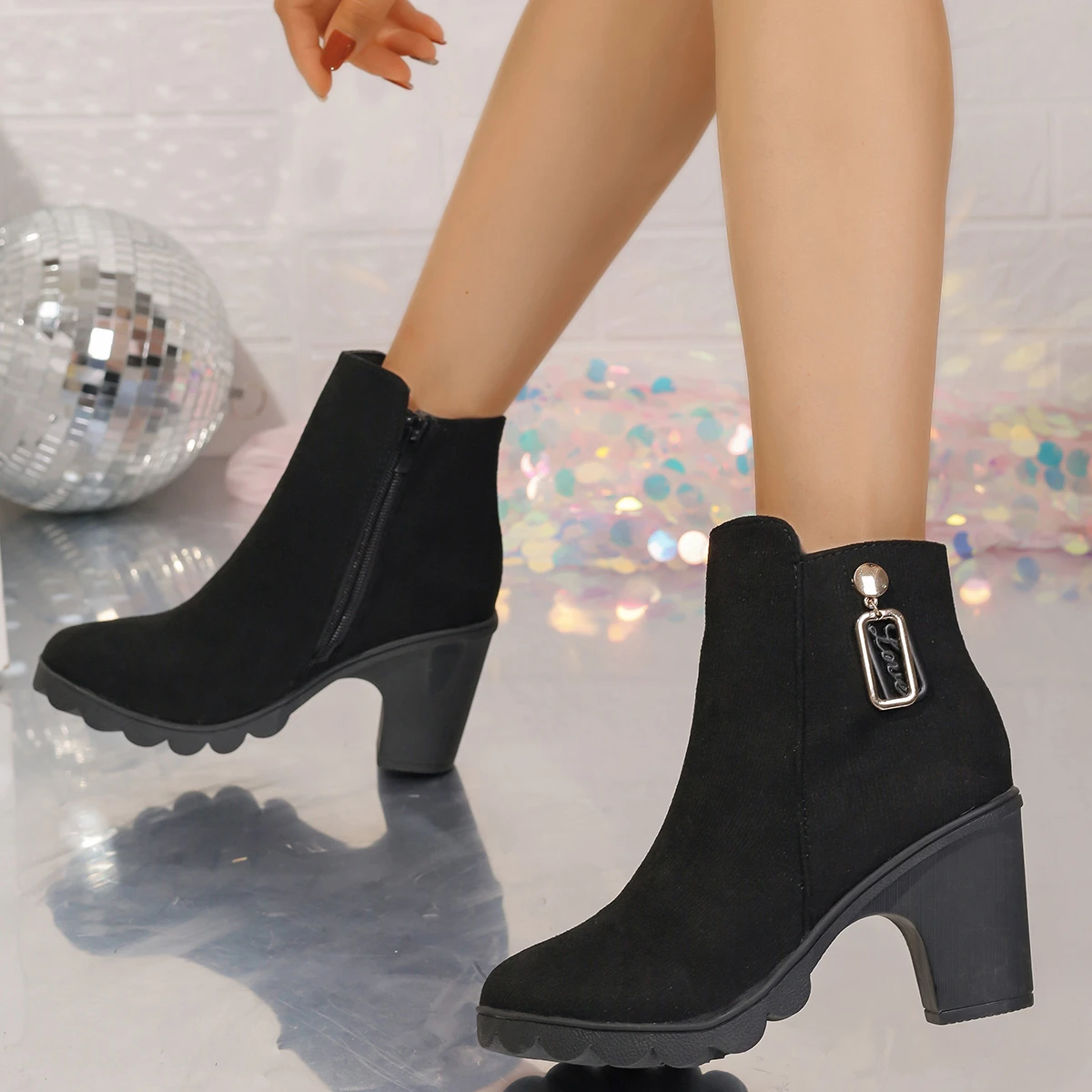 Aphixta 8cm High Heel Black Ankle Boots Buckle Side Zip Women Elegant Platform Lady Footwear Shoes Women Autumn Winter Boots