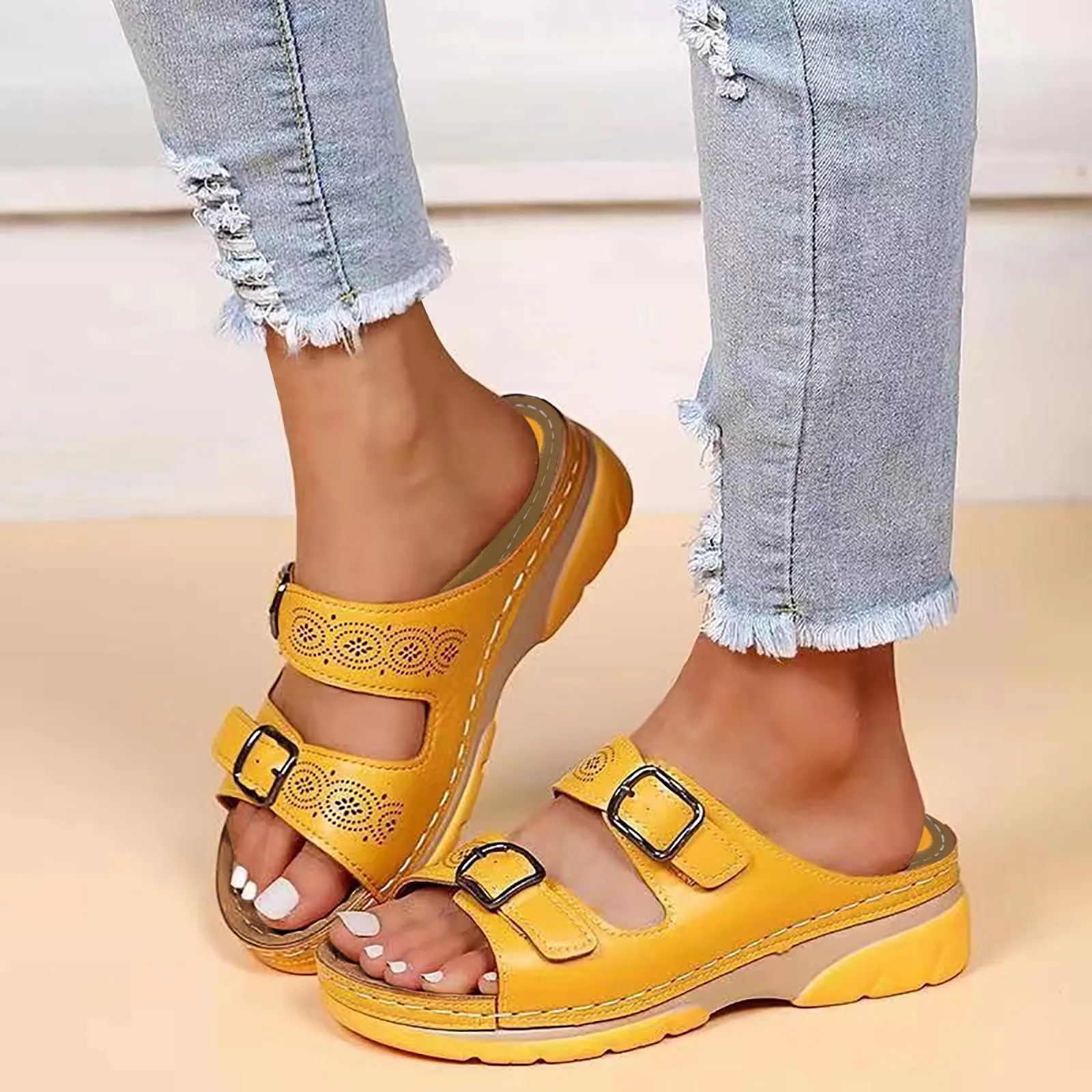 

Fashion Double Buckle Wedge Slippers 2023 Summer Women PU Leather Platform Open Toe Sandals Bohemia Casual Non Slip Beach Shoes