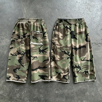 Y2K American Camo Shorts Camouflage Pattern Rough Edge Tassel Sweatshorts New Summer High Street Streetwear Unisex Baggy Shorts 1