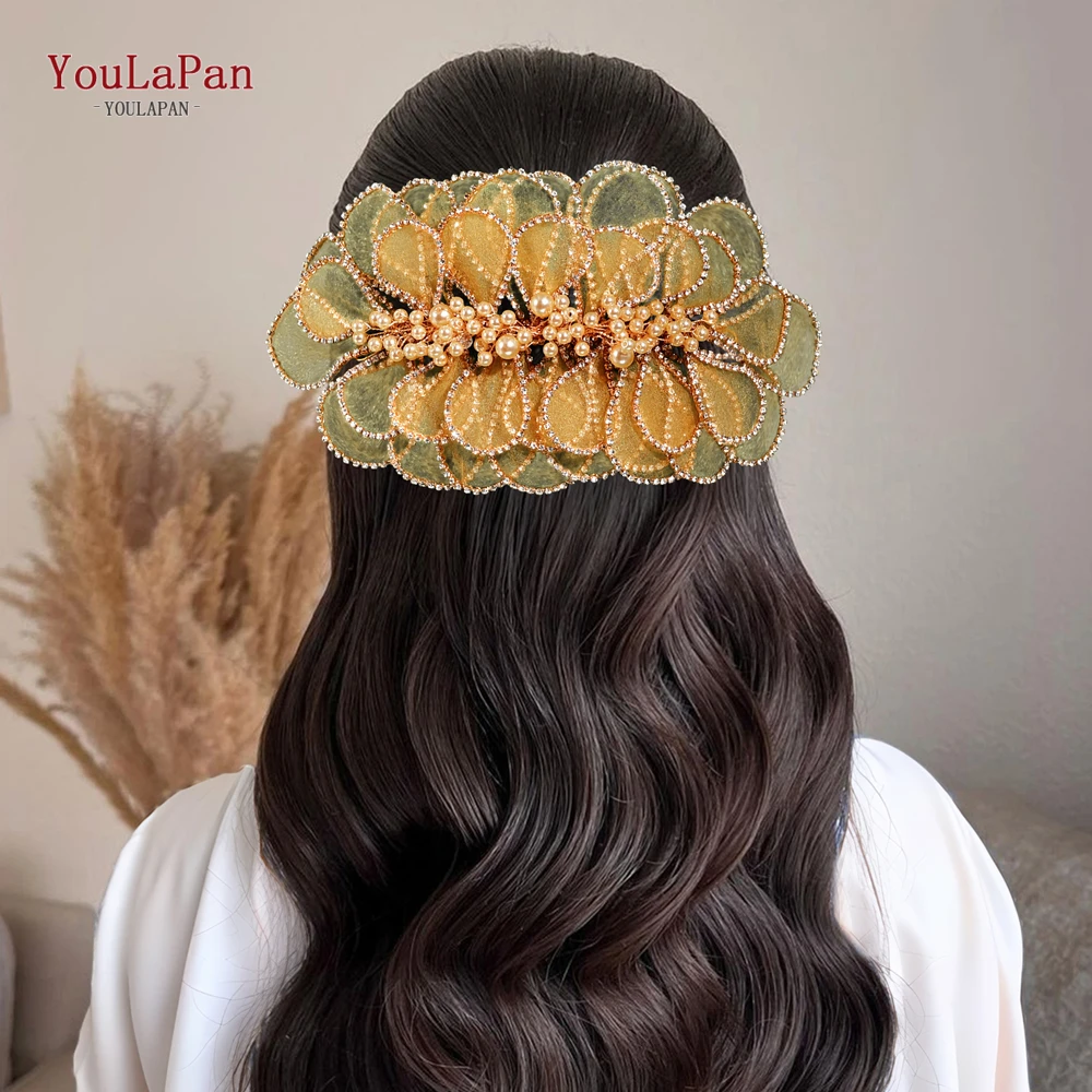 Handmade Mesh Flower Headband Women Gold Color Pearl Headwear Hair Accessories Rhinestone Wedding Headdress HP681