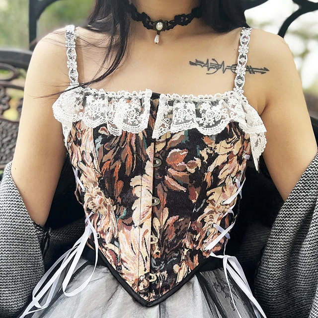 Spring Oil Painting Chrysanthemum Printed Floral Overbust Corsets