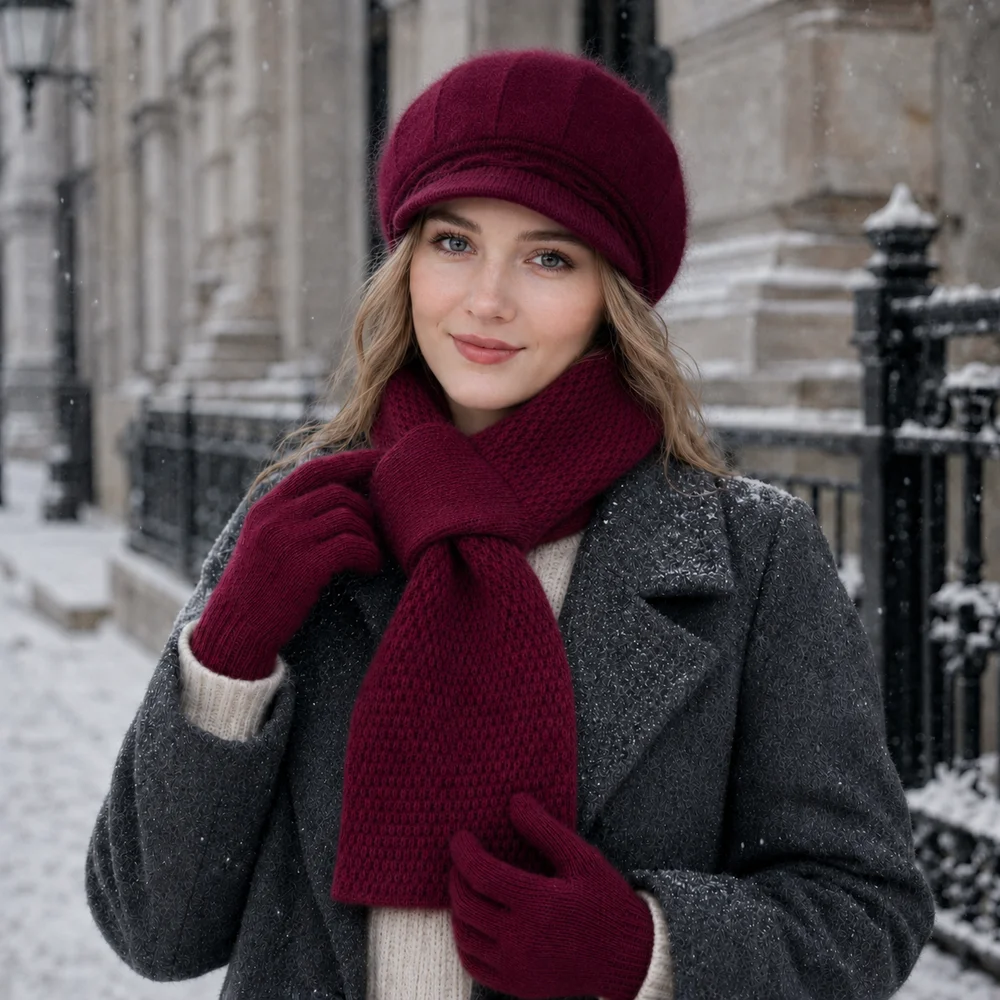 3-Piece Women’s Winter Hat Scarf Gloves Set, Fuzzy Visor Cap & Pull-Through Neck Warmer, Warm Knit Cold Weather Accessories