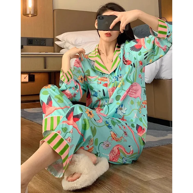 New Ins Style Design Ice Silk Flamingo Pajamas Women's Spring Summer Long Sleeves Pants Home Suit Plant Flowers Sleepwear Female