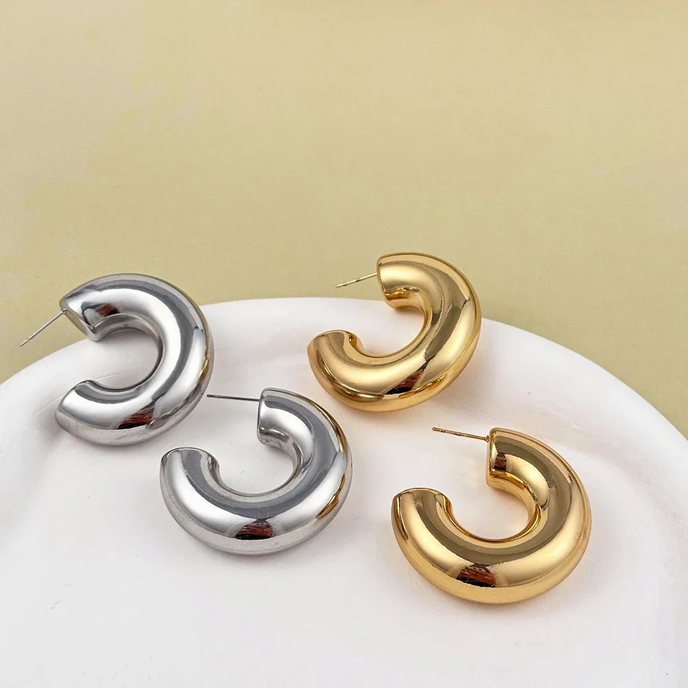 25/30/40mm Chunky C Shape Hoop Earrings Polished Stainless Steel PVD Waterproof Thick Circle Huggie Earring Vintage Jewelry Gift