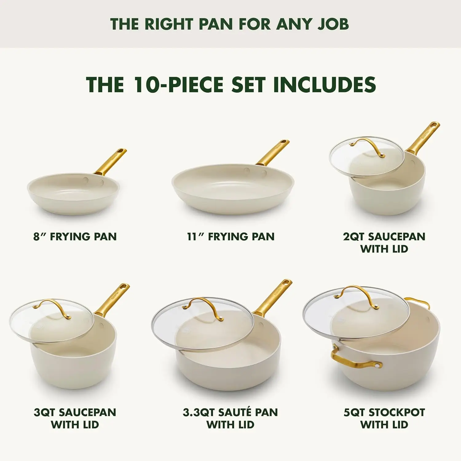 Hard Anodized Healthy Ceramic Nonstick 10 Piece Cookware Pots and Pans Set Gold Tone Stainless Steel Handle Dishwasher Safe