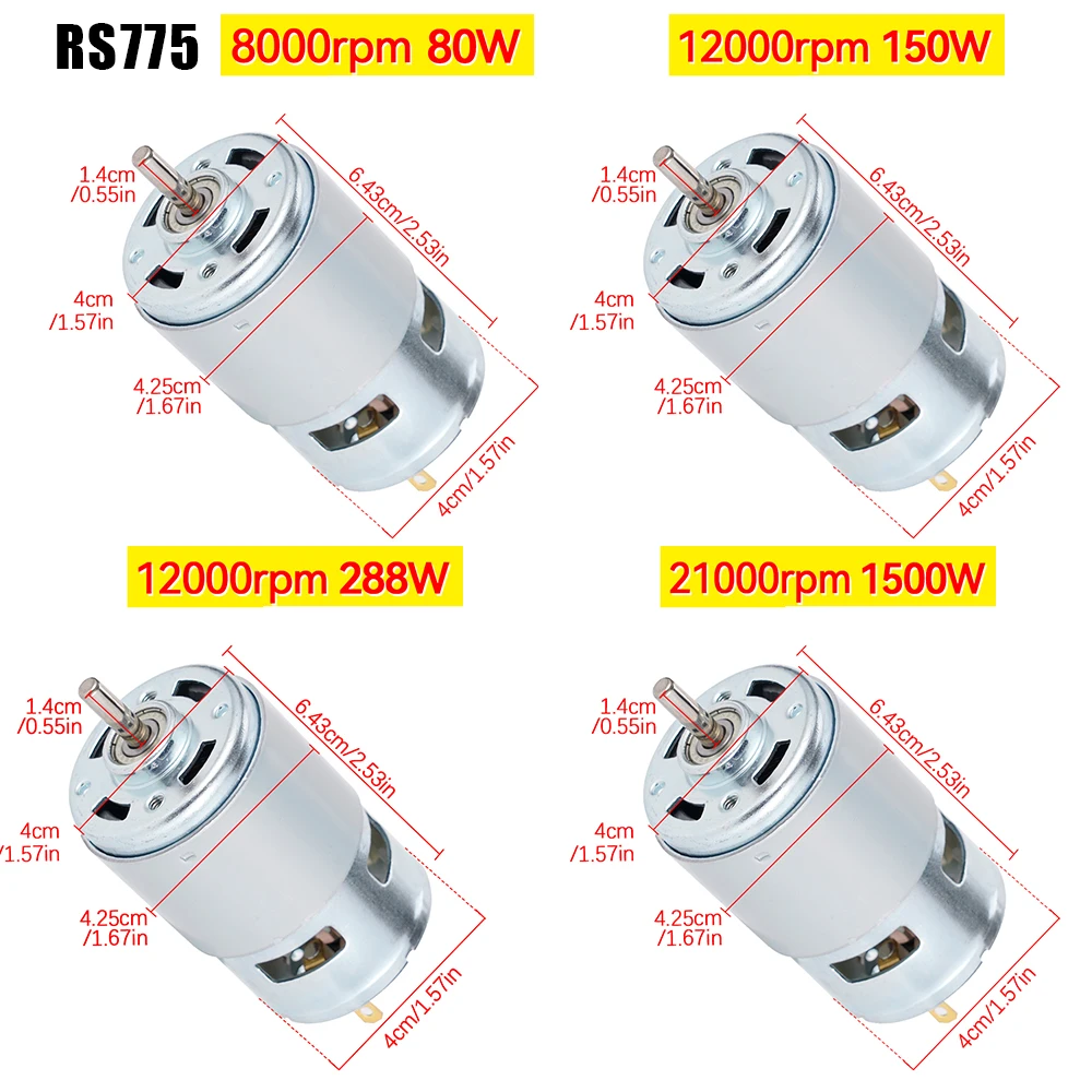 775 DC Motor 12V-24V 150W/288W Double Ball Bearing Spindle 12000RPM Large Torque High Power Low Noise