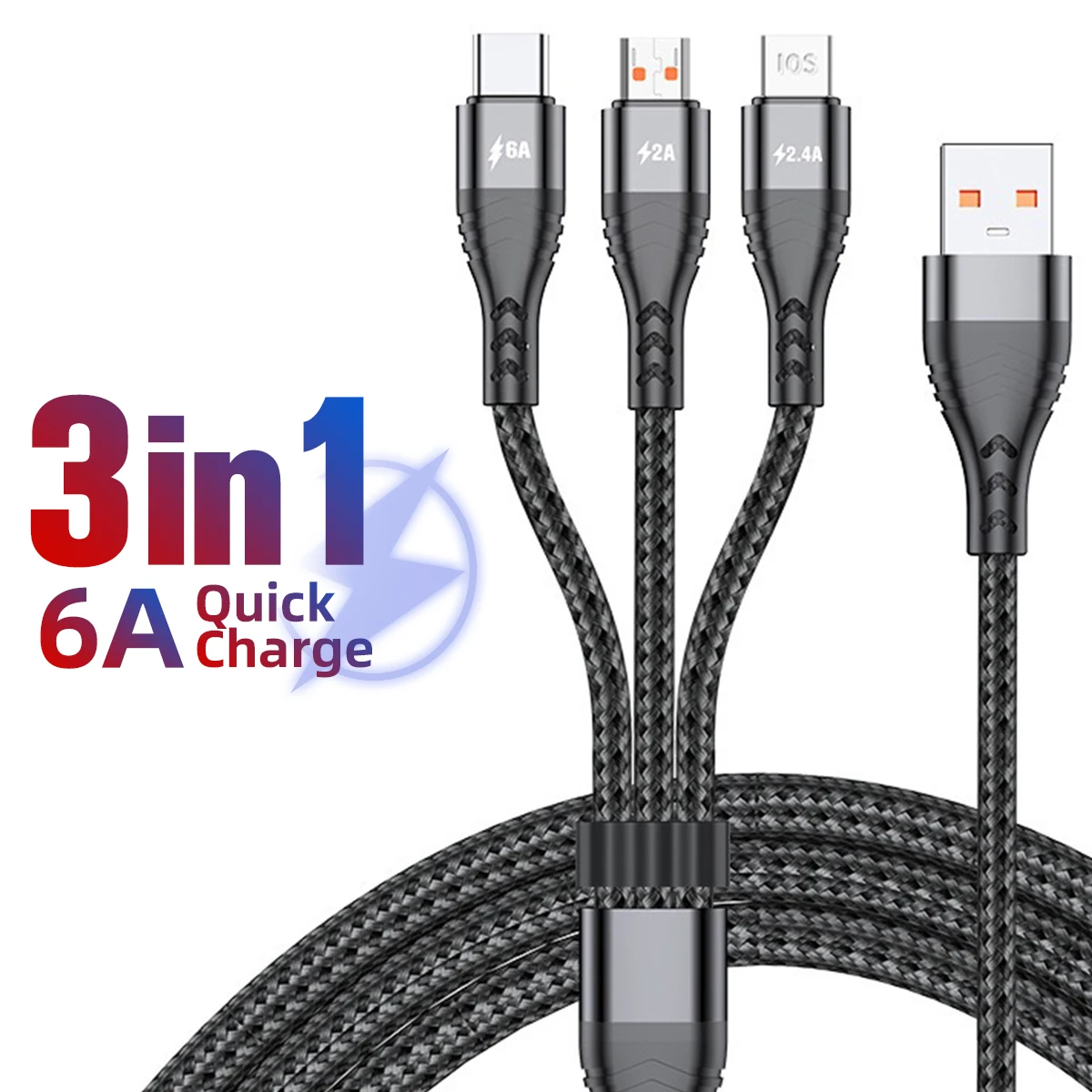

3 In 1 Micro Usb Type C Charger Cable 6A Super Fast Charging Cable For Iphone 13 12 Samsung Huawei Nylon Braided Data Cord Wire