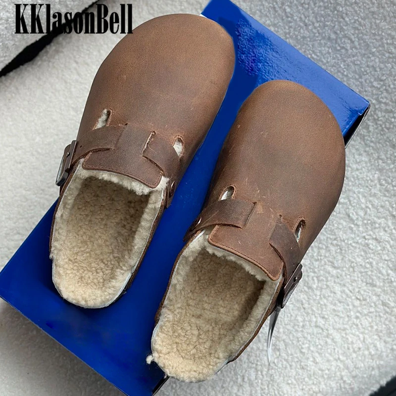 

12.22 KKlasonBell Unisex Outdoor Winter Buckle Strap Genuine Leather Lamb Wool Keep Warm Mules Slippers Women Men